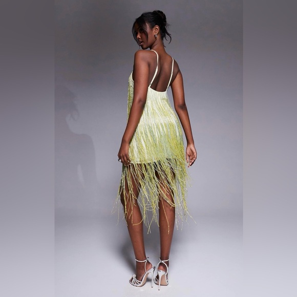 NWT ASOS DESIGN Beaded Fringe Mini Cami Dress in Pale Yellow - Picture 2 of 10